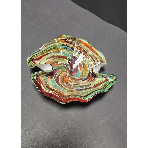 Murano Style Art Glass Bowl Dish Multicolor Swirl Ruffled Edge Centerpiece - Picture 1 of 9